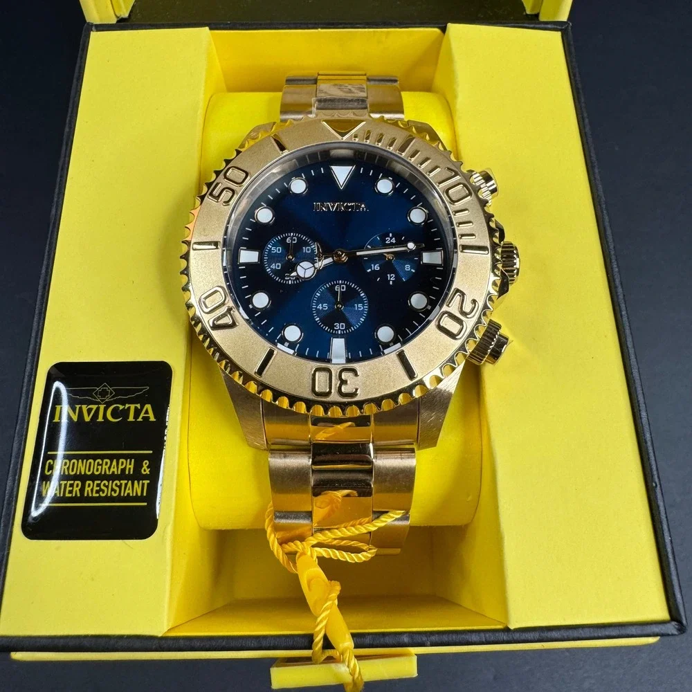 Invicta Pro Diver Chronograph Gold Tone Blue Dial Mens Watch 36974 New